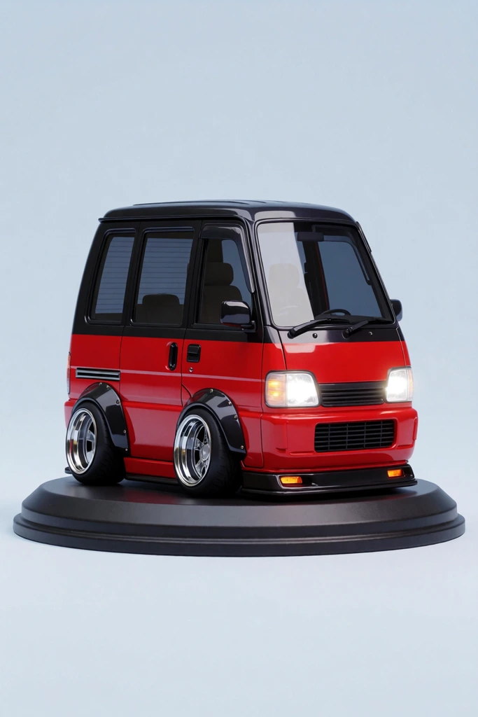 A stylized 3D render of a miniature red and black boxy van on a beveled display base. The super-deformed vehicle features glossy paint, tinted windows, oversized chrome rims, wide fender flares, and glowing headlights, set against a minimal pale blue-grey studio background.