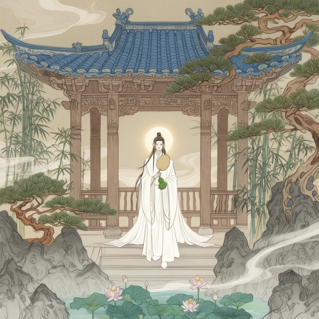 slender figure in flowing white traditional robes holding a palm-leaf fan and green gourd, standing on steps of an ornate pavilion with blue tiled roofs, glowing aura behind head, carved wooden pillars, foreground lotus pond, bamboo groves, twisting pines, grey landscape rocks, swirling mist, delicate line art illustration, muted vintage color palette