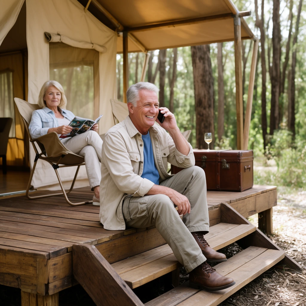 An older man smiles talking on a cell phone, seated on the wooden steps of a deck beneath a beige canvas safari tent. He wears an open beige overshirt, blue t-shirt, cargo pants, and brown leather boots. Behind him, an older blonde woman rests in a tan folding camping chair holding a magazine. A vintage brown leather trunk and a wine glass sit on the wooden platform. The background features a forest with tall, slender trees and green foliage. Natural dappled sunlight illuminates the scene. The commercial lifestyle photography uses a shallow depth of field, keeping the man in sharp foreground focus while softly blurring the woman and woodland environment.