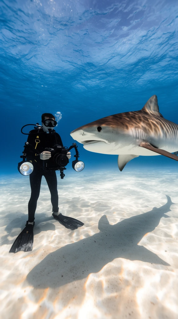 scuba diver in full black wetsuit and long fins standing on white sandy ocean floor, holding a large underwater camera rig with dual strobes, large tiger shark swimming past to the right, clear vibrant blue water, sunlight filtering from above, caustic light patterns on rippled sand, sharp shadow of the shark on the seabed, wide-angle underwater photography
