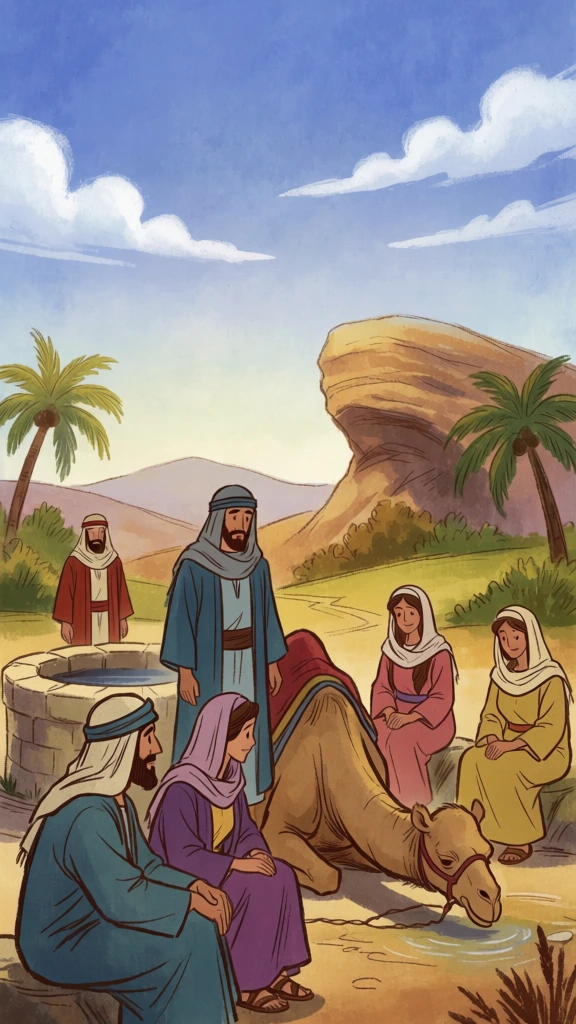 biblical figures at a stone well with camel, hand-drawn animation, warm reverent storybook vibe