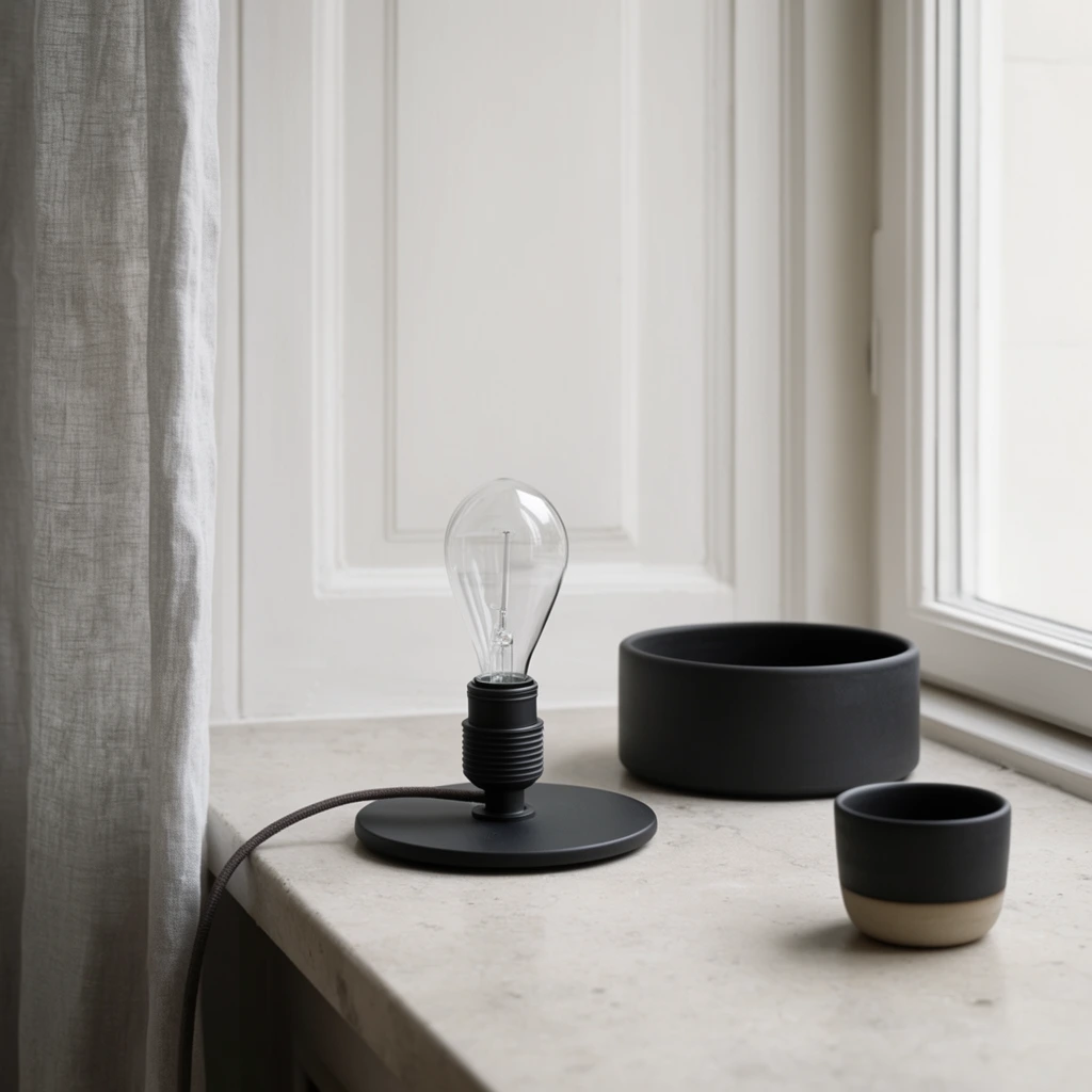 A minimalist still life arranges a bare lamp and matte black vessels on a pale stone windowsill. The central lamp features a teardrop glass bulb in a ribbed black socket on a flat circular base, with a dark cord trailing left. A wide matte black cylindrical bowl sits nearby, opposite a small dark cup with an unglazed beige base. A white paneled wooden window frame and a gently draped light grey linen curtain form the backdrop. Soft, diffused daylight illuminates the muted neutral color palette and matte textures in this shallow-focus interior photograph.