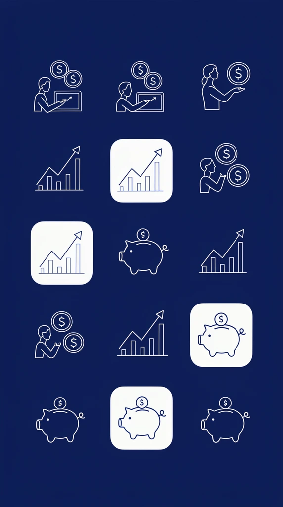 A uniform grid of minimalist white line-art finance and technology icons on a deep navy blue background. The clean linear illustrations depict stylized figures interacting with digital coins, upward trending data charts, and piggy banks. Several icons are inverted within solid white rounded square tiles, adding striking contrast to the precise continuous-line composition.