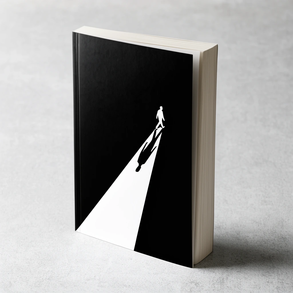 A standing paperback book rests angled on a textured light gray surface. Its minimalist black cover features a stark white wedge stretching from the bottom edge. At the wedge's tip, a small white silhouette of a walking figure casts a long black shadow down the white path. Clean studio lighting casts a soft drop shadow beside the book, emphasizing its crisp page edges.