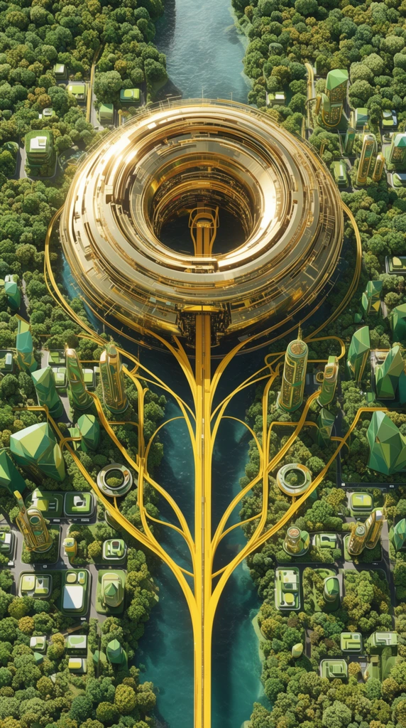top-down aerial view of a futuristic eco-city, massive golden circular structure, branching yellow tracks over a central waterway, geometric buildings in lush forests, 3D render