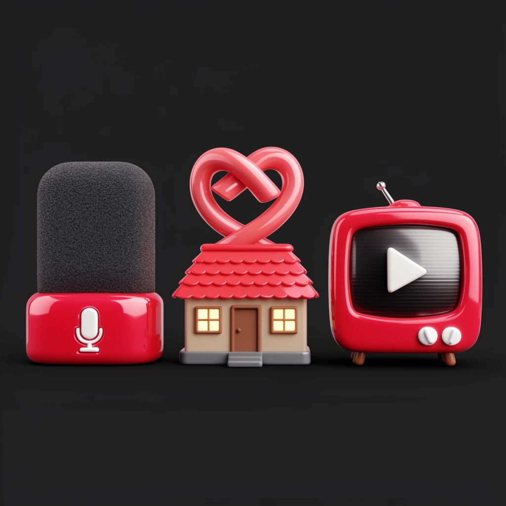 Three highly polished, glossy 3D icons are arranged in a horizontal row against a solid dark gray background, illuminated by soft studio lighting that accentuates their smooth, plastic-like textures and specular highlights. On the left is a stylized red microphone base topped with a large, heavily textured, dark gray rounded rectangular pop filter. The red glossy base features a small white recessed shape of a classic microphone on its front. In the center sits a miniature symmetrical house with a scalloped red roof, tan walls, a brown front door, gray entry steps, and two small square windows emitting a warm yellow glow. Mounted prominently on the roof is a thick, pinkish-red tubular loop folded into a continuous ribbon-like shape resembling a stylized inverted heart. On the right rests a retro-style red television with rounded corners, four small brown peg legs, a tiny silver antenna on top, and two white dial knobs on the lower right panel. The television's curved, dark screen displays subtle horizontal scan lines and a crisp white triangle pointing to the right in its center. The vibrant cherry reds of the icons contrast sharply with the dark void, creating a bold, modern aesthetic with soft drop shadows gently grounding each object.