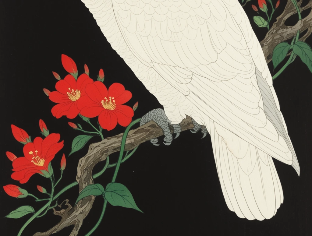The lower body of a white parrot perches on a twisting branch beside bright red flowers against a solid black background in this woodblock-style illustration. The crisp plumage features precise scalloped outlines, ending in scaly grey talons tightly gripping the textured wood. A green vine weaves along the branch, bearing fully opened red blossoms with delicate yellow centers, teardrop-shaped buds, and pointed leaves. The stark, high-contrast composition emphasizes flat color fields and fine line work, using the deep black void to isolate and highlight the intricate organic shapes.
