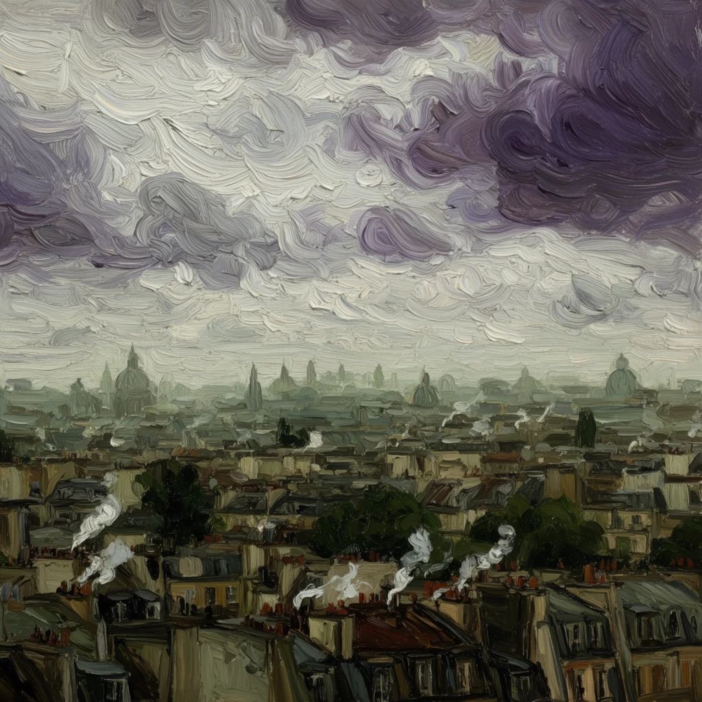 An impasto oil painting of a sprawling cityscape viewed from an elevated vantage point under a turbulent sky. The dense urban expanse features tightly packed rooftops, numerous chimneys emitting white smoke, and scattered dark green trees. Hazy silhouettes of distant domes and spires rise in muted olive greens, browns, and slate greys. The upper half is dominated by thick, expressive, swirling brushstrokes of pale grey, white, and deep purple clouds. The highly textured, rhythmic paint application emphasizes the dynamic atmosphere of the overcast horizon.