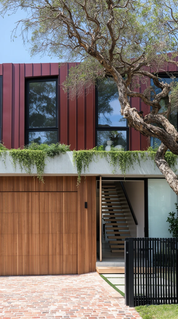 Modern residential facade. The upper level features deep reddish-brown metal cladding and black-framed windows reflecting trees. A concrete planter beam with cascading vines divides the floors. Below, a vertical timber slat garage door sits beside an open entrance revealing a floating staircase. A mature, twisted tree overhangs the right side above a black metal fence and brick-paved driveway in bright daylight.