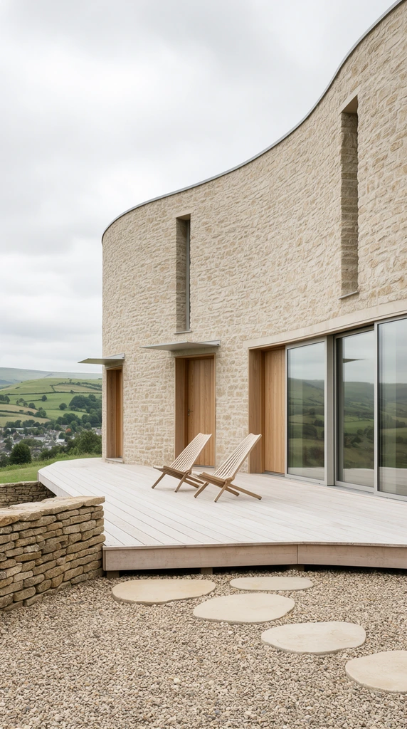 A contemporary curved building featuring a textured light beige stone facade under a softly overcast sky. The undulating wall incorporates narrow vertical slit windows, recessed wooden doors with minimalist awnings, and large sliding glass panels reflecting the landscape. A pale wooden deck with two slatted lounge chairs extends outward over a coarse gravel foreground intersected by smooth stone pavers. A low dry-stone retaining wall borders the left side. Rolling green pastoral hills and a distant valley village form the backdrop. High-resolution architectural photography with diffused lighting and muted natural earth tones.
