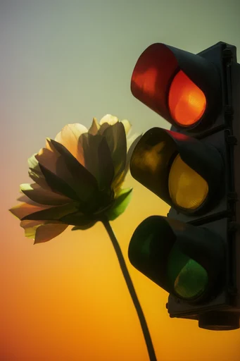 Luminous Surreal Botanica style reference image — vibrant sunset gradient background