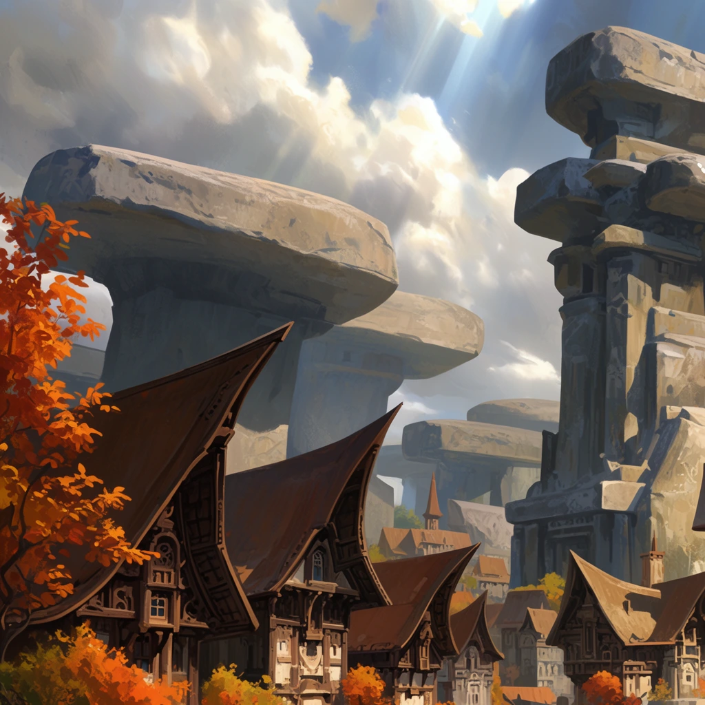 A sweeping fantasy cityscape blends quaint timbered architecture with colossal stone megaliths beneath a dramatic sunlit sky. Foreground buildings feature sharply peaked sweeping brown roofs and intricate wooden facades nestled among vibrant autumn trees with orange leaves framing the left edge. Behind the settlement massive flat-topped stone structures weathered by time dominate the horizon alongside a towering multi-tiered stone edifice on the right. The digital painting utilizes visible brushstrokes atmospheric perspective and bright sun rays piercing voluminous white clouds to cast dynamic shadows across the monumental layered architecture.
