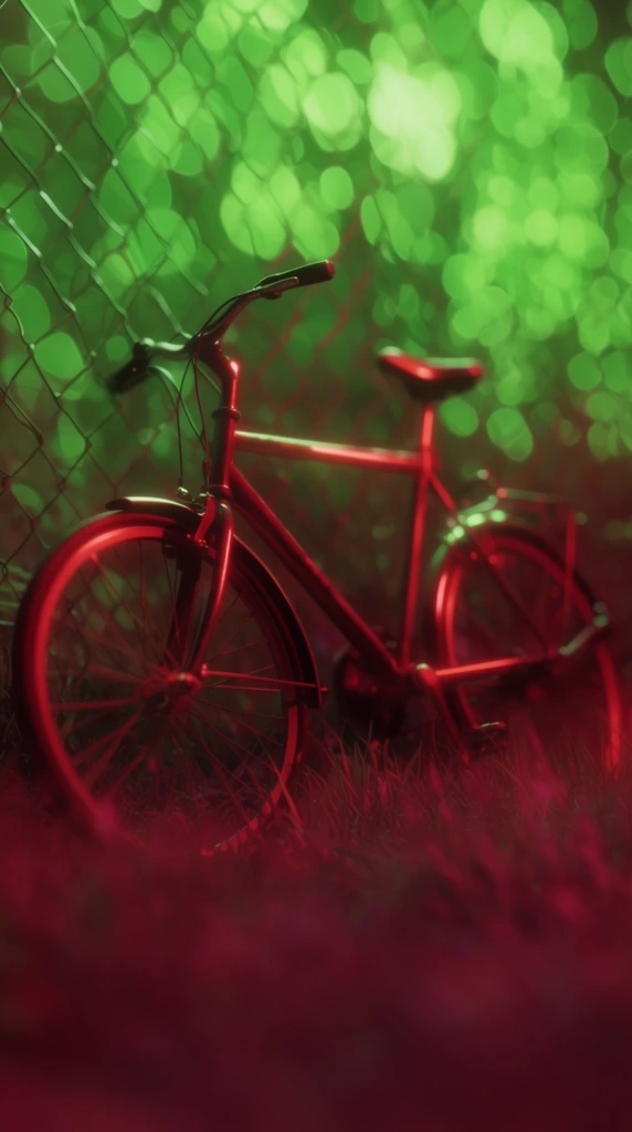 A bicycle resting on grass in front of a fence, rendered in a surreal macro-photography style. The scene features an intensely saturated palette of deep crimson red and vivid neon green. Sharp red edge lighting highlights the metallic bicycle frame and textured grass blades. The background fence completely dissolves into massive, glowing neon green bokeh circles created by an extremely shallow depth of field. The immediate foreground features heavily blurred, dark magenta grass. The entire composition has a hyper-realistic 3D rendered aesthetic with glossy finishes, heavy shadowing, and dramatic cinematic lighting.