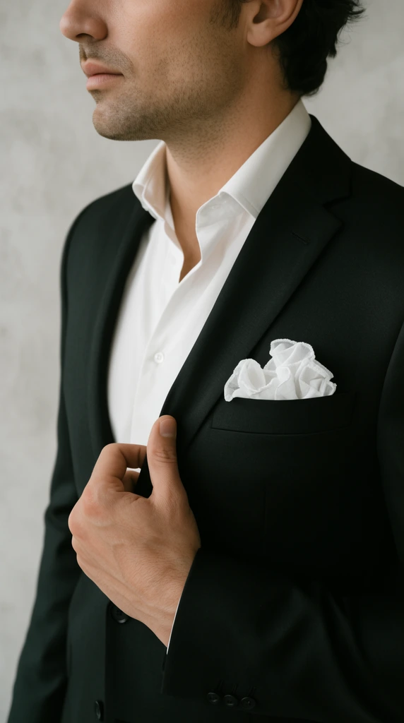 cropped torso of a man wearing a black tailored suit and open-collar white dress shirt, right hand delicately holding the jacket lapel, ruffled white pocket square in the breast pocket, lower face profile visible, textured light grey plaster background, soft diffused lighting, elegant muted color palette, close-up editorial fashion photography