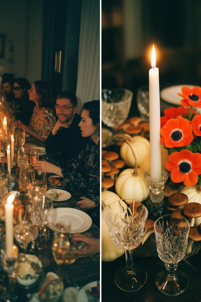 A cinematic analog film diptych with heavy grain. Left: eclectic guests conversing at a dimly lit, candlelit dinner party. Right: a macro still life featuring a glowing white candle, vibrant orange anemones, pale gourds, brown mushrooms, and faceted crystal glassware on a dark table bathed in warm lighting.