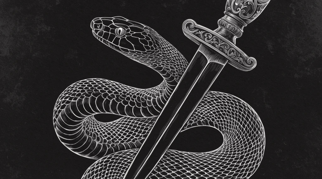 stark monochrome illustration of a coiled snake and an ornate dagger, fine white line art against a textured black background, serpentine body with meticulously drawn interlocking scales, head poised upward, straight dagger blade passing diagonally behind the snake, decorative hilt with intricate scrollwork, subtle grainy background resembling aged black paper, scratchboard technique, precise hatching, high contrast, dramatic close-up