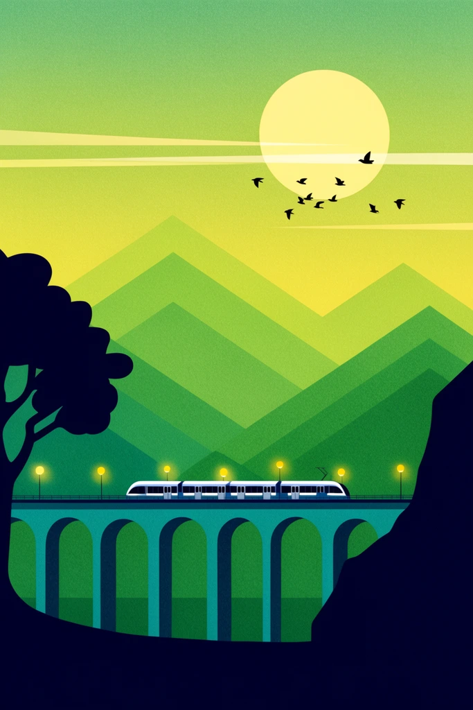 Minimalist grainy vector illustration of a landscape framed by dark navy silhouettes of a tree, ground, and cliff. A multi-arched teal viaduct carries a modern train illuminated by yellow streetlights. Overlapping geometric green mountains recede into a gradient yellow-green sky featuring a large pale yellow sun, thin horizontal cloud streaks, and a flock of flying black birds.