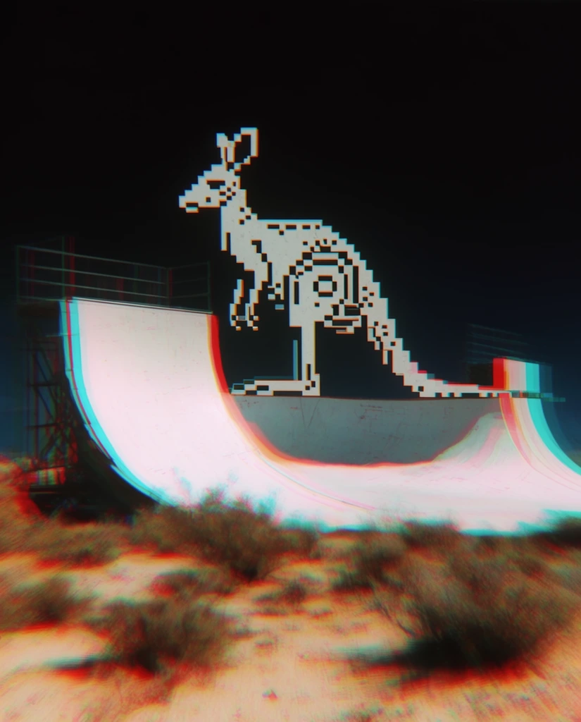 pixelated 8-bit mechanical kangaroo silhouette, perched on a brightly lit white skate ramp half-pipe, blurred desert scrub foreground, heavy stereoscopic red and cyan chromatic aberration, digital glitch effect, stark contrast against pitch black sky, motion blur, surreal lo-fi aesthetic