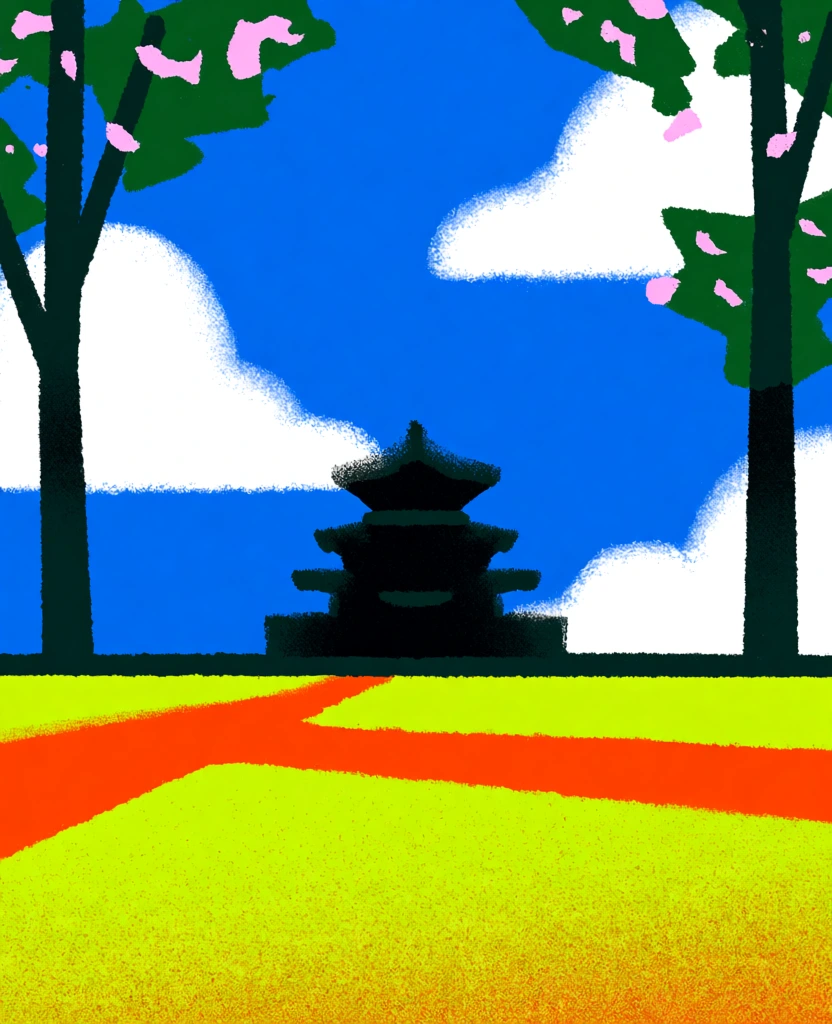 minimalist graphic illustration, central black silhouette of a multi-tiered temple, flanking trees with jagged blooming canopies, scattered pink petal specks, oversimplified fluffy white clouds, vibrant cerulean sky, neon chartreuse foreground with a flat orange pathway, high-contrast triadic color palette, heavy risograph grain and digital stipple texture, matte screen-printed aesthetic, sharp horizon line, flat paper-cut shapes, no gradients, bold saturated tones.