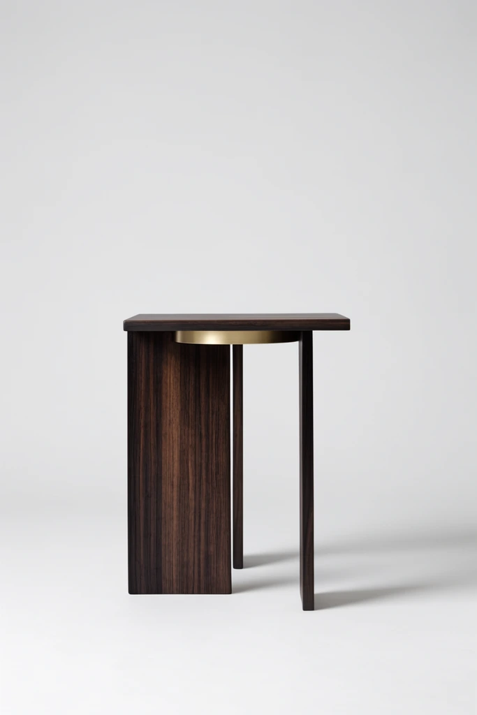 A minimalist dark wood side table centered against a seamless light gray studio backdrop. The piece features a flat top, a wide front leg, and thinner rear legs, all connected by a recessed brass circular ring beneath the surface. Soft, diffused lighting casts a subtle shadow to the right, highlighting the rich vertical wood grain. The straight-on product photography emphasizes sleek architectural simplicity and high contrast.
