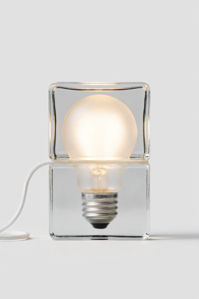 transparent rectangular glass block, glowing frosted lightbulb cavity inside, horizontal seam, white braided cord exiting left side, light gray studio background, minimalist product photography