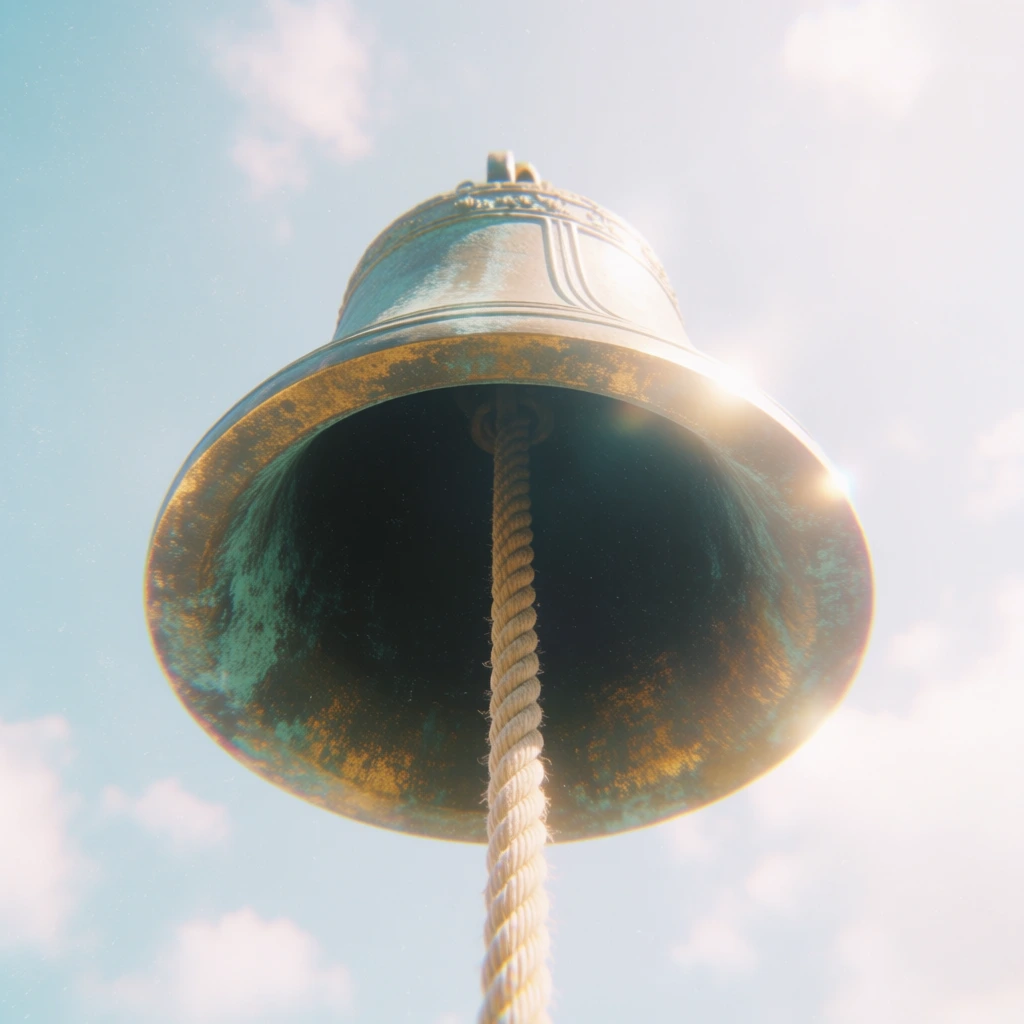 a massive weathered brass bell suspended by a rustic hemp rope, captured from a low-angle perspective against a vast and hazy powder blue sky, high-key overexposed lighting, ethereal and dreamy atmosphere, soft focus with delicate chromatic aberration, luminous highlights with intentional blooming, pastel color palette of sun-bleached metallic and pale cyan, airy composition with significant negative space, fine film grain, nostalgic and serene mood, soft-contrast rendering
