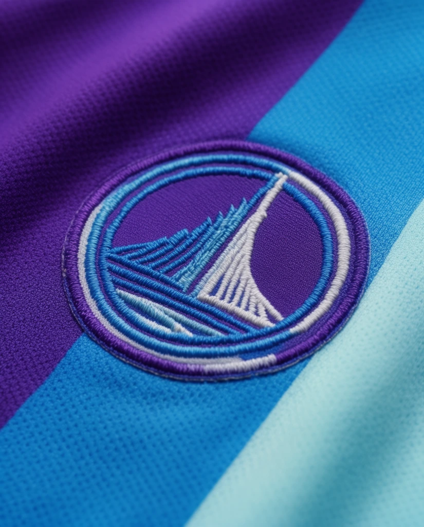 A macro shot of textured athletic fabric featuring striking diagonal color blocking in deep vibrant purple, bright azure, and soft cyan. Centered on the material is a circular embroidered patch with thick, raised threading. The patch depicts a stylized geometric motif resembling a sweeping architectural structure in blue and white, set against a solid purple core and enclosed by concentric stitched rings. The fabric exhibits a fine, dimpled micro-mesh pattern characteristic of sports apparel. Soft, directional studio lighting casts delicate shadows across the woven grain, emphasizing the tactile relief of the embroidery. A shallow depth of field keeps the central stitching crisp while gently blurring the surrounding color fields into smooth gradients.