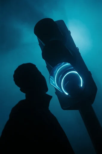 Cinematic Cyan Noir style reference image — high-contrast chiaroscuro