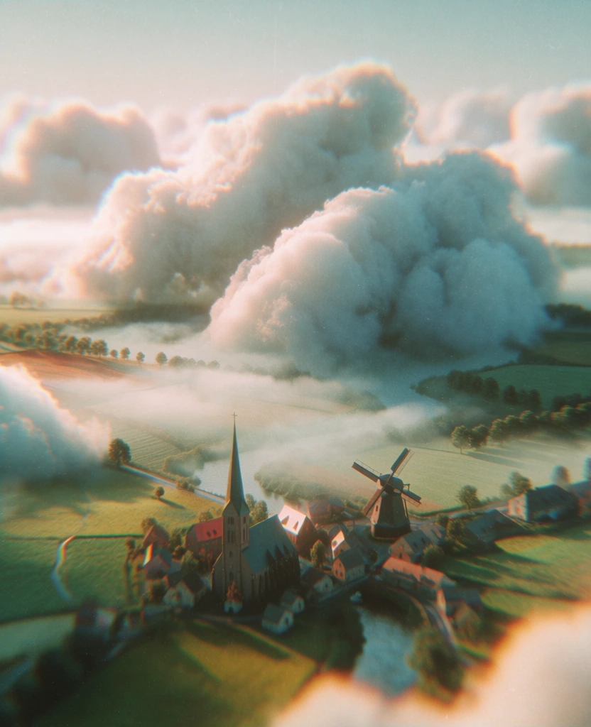 high-angle aerial view of a miniature pastoral landscape, quaint village with a sharp church spire and rotating windmill, rolling fields, massive billowing clouds heavy with low-lying fog, ethereal lo-fi vhs aesthetic, dreamy soft-focus haze, muted pastel palette with desaturated cyan and glowing peach highlights, vintage 90s film grain, chromatic aberration, diffused bloom, dense ground-level mist, surreal scale-shift, cinematic bloom, nostalgic grainy rendering, dream-pop atmosphere.