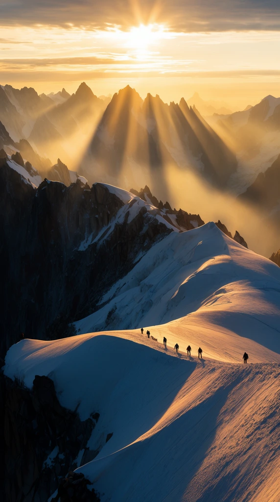 vast snow-covered mountain ridge, tiny silhouetted mountaineers traversing a steep crest, jagged rocky alpine peaks fading into atmospheric mist, intense golden hour sunlight, dramatic crepuscular rays piercing through jagged summits, warm golden highlights on snow contrasting with deep blue shadows, epic landscape photography