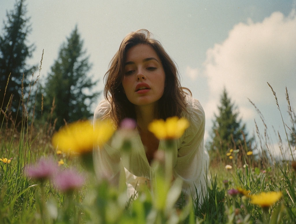 A young woman with brown hair leans forward in a meadow, gazing down with parted lips. She wears a white blouse. Shot from a low angle, heavily blurred yellow and purple wildflowers fill the foreground. Behind her, tall grass leads to evergreen trees under a pale, cloudy sky. The aesthetic is a vintage 35mm widescreen film still with soft natural daylight, shallow depth of field, prominent film grain, and a muted color palette.