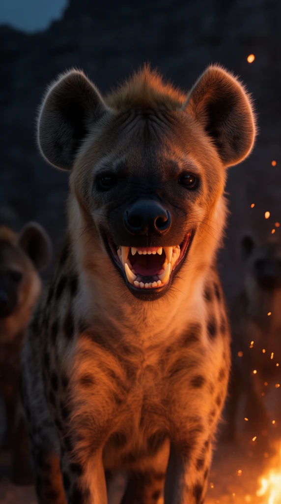 A menacing spotted hyena stares forward with bared teeth, illuminated by harsh orange firelight from below. Glowing embers float in the dark air against a blurred rocky background. Deep shadows and soft-focus silhouettes of other hyenas frame the highly detailed cinematic close-up.