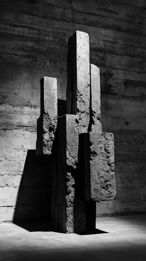 abstract brutalist sculpture, rough vertical intersecting blocks, heavily textured board-formed concrete wall, high-contrast black and white photography, dramatic spotlighting, harsh geometric shadows