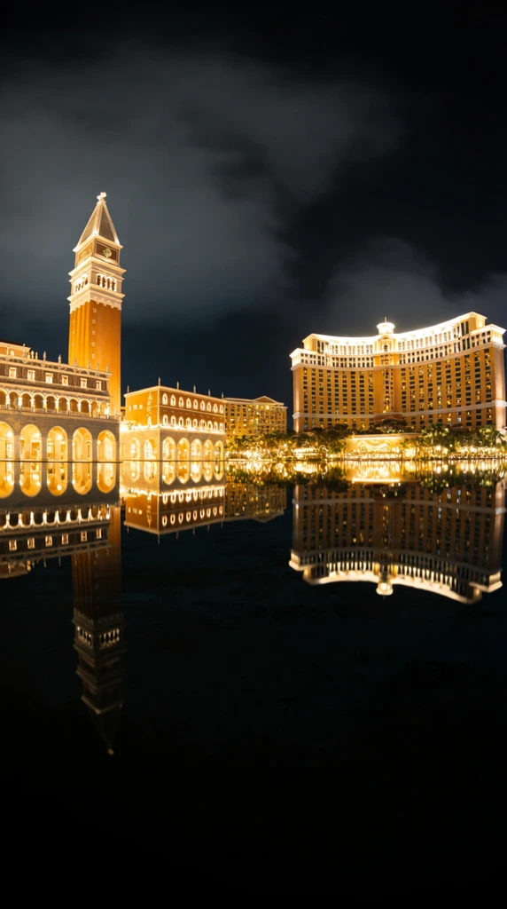 panoramic night view of a sprawling illuminated resort, Italian Renaissance architecture with a tall square bell tower and arched colonnades, massive curved modern hotel tower glowing with warm golden light, perfectly still dark water foreground, flawless mirror reflection of the bright skyline, dark cloudy sky, high contrast architectural photography
