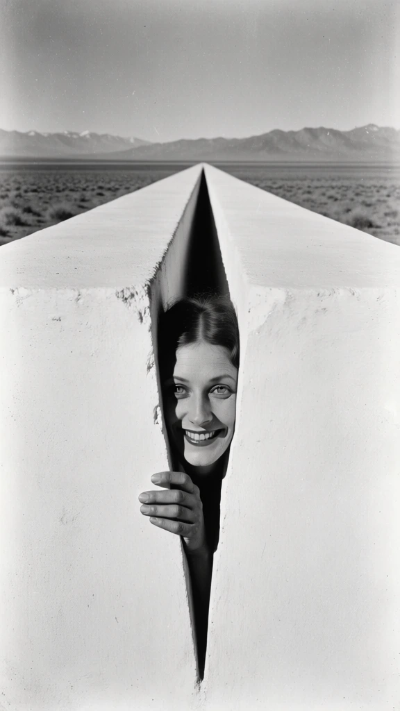high-contrast black and white surrealist photography, a woman's face peeking through a narrow vertical gap in a wall that opens to a vast flat landscape with mountains, wide uncanny smile, bright eyes, one hand gripping the sharp edge of the opening, minimalist composition, grainy film texture, cinematic shadows, graphic clean lines, early 20th-century avant-garde aesthetic, eerie and conceptual mood, monochrome palette, symmetrical framing, vanishing point perspective.