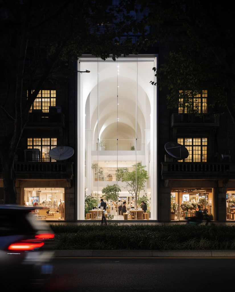 A brilliantly illuminated modern glass storefront is nestled between dark historic stone buildings on a nighttime city street. A blurred car with glowing red taillights speeds across the foreground asphalt past a planted median and dark silhouettes of street trees. The glowing white central retail space features soaring vaulted ceilings, indoor greenery, and small figures browsing at wooden tables. The flanking masonry architecture features balcony satellite dishes and glows with warm yellow retail lighting through classic paned windows, creating a striking architectural contrast between crisp modern radiance and deep nocturnal shadows.