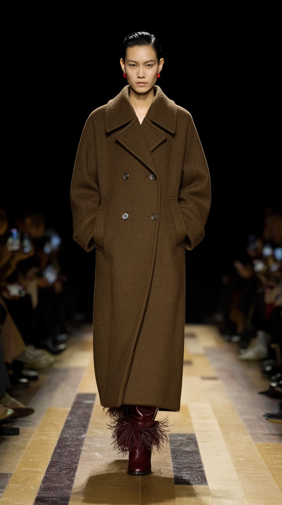 fashion model walking a runway, long oversized double-breasted brown wool coat with wide collar, hands in pockets, slicked-back dark hair, small red earrings, burgundy leather boots with feathered ankle fringe, dramatic spotlight, wooden floor with alternating light and dark planks, pitch black background, blurred audience silhouettes holding glowing smartphones, high fashion runway photography, sharp focus on garment texture, cinematic contrast