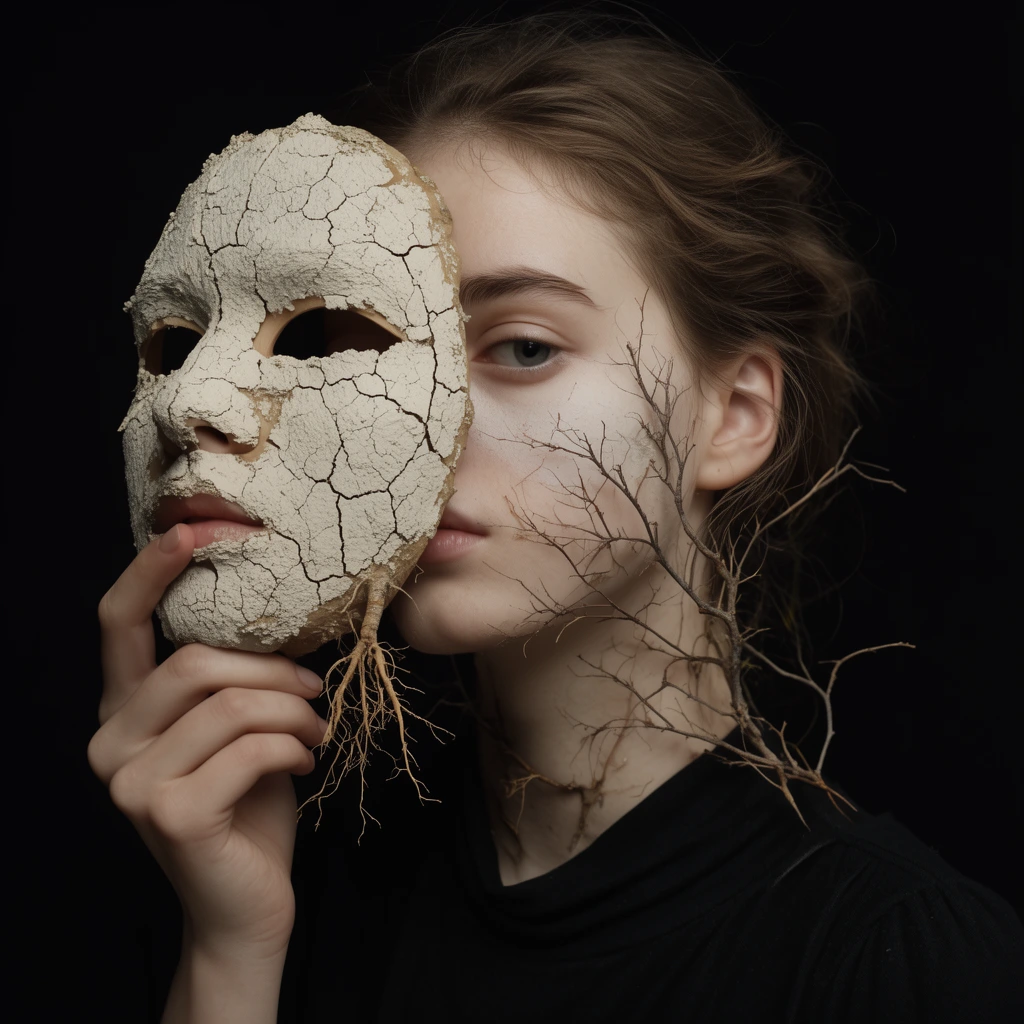 young woman holding a cracked mud mask with bare roots over half her face, dry twigs attached to her pale cheek and neck, black clothing, stark black background, surreal fine art portrait, soft dramatic studio lighting