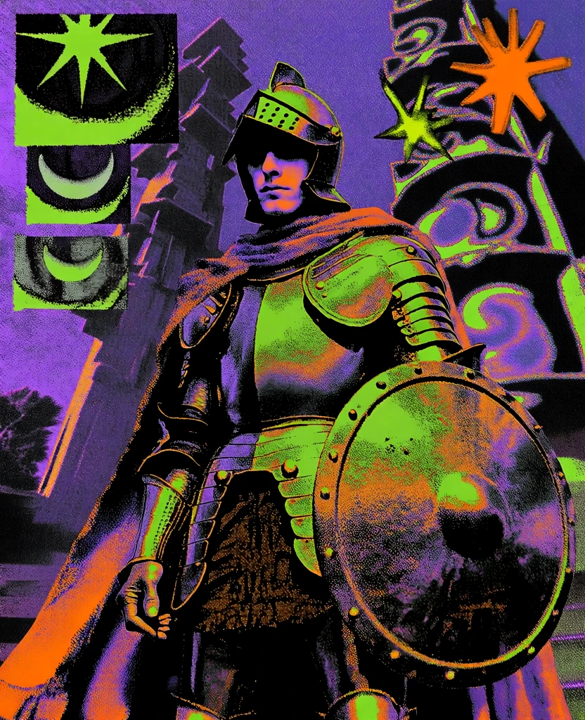 high-contrast digital collage, punk zine aesthetic, man in ornate plate armor with helmet and flowing cape holding round shield, grainy xerox textures, bitmapped dithering, neon green, vibrant orange, deep purple, heavy blacks, background with repeating motifs of stars and moon in graphic frames, towering vertical structures, layered distorted halftone effects, psychedelic overlays, glitchy composition, graphic posterized style, dark surrealist atmosphere.