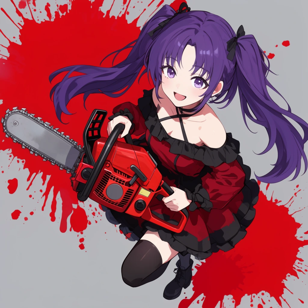 High-angle anime illustration of a smiling girl with purple twin-tails holding a large red chainsaw. She wears an off-shoulder red and black dress with thigh-highs. Large graphic red splatters cover the flat gray background. Crisp cel-shaded rendering.