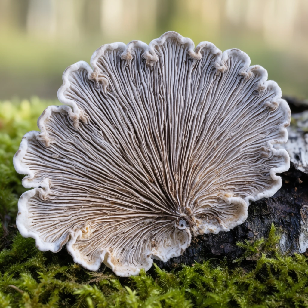 fan-shaped bracket fungus with intricate radiating gills, pale greyish-brown and white, wavy lobed margins, attached to dark decaying bark, resting on vibrant green moss, macro photography, shallow depth of field, blurred woodland background, soft natural daylight, highly detailed organic textures