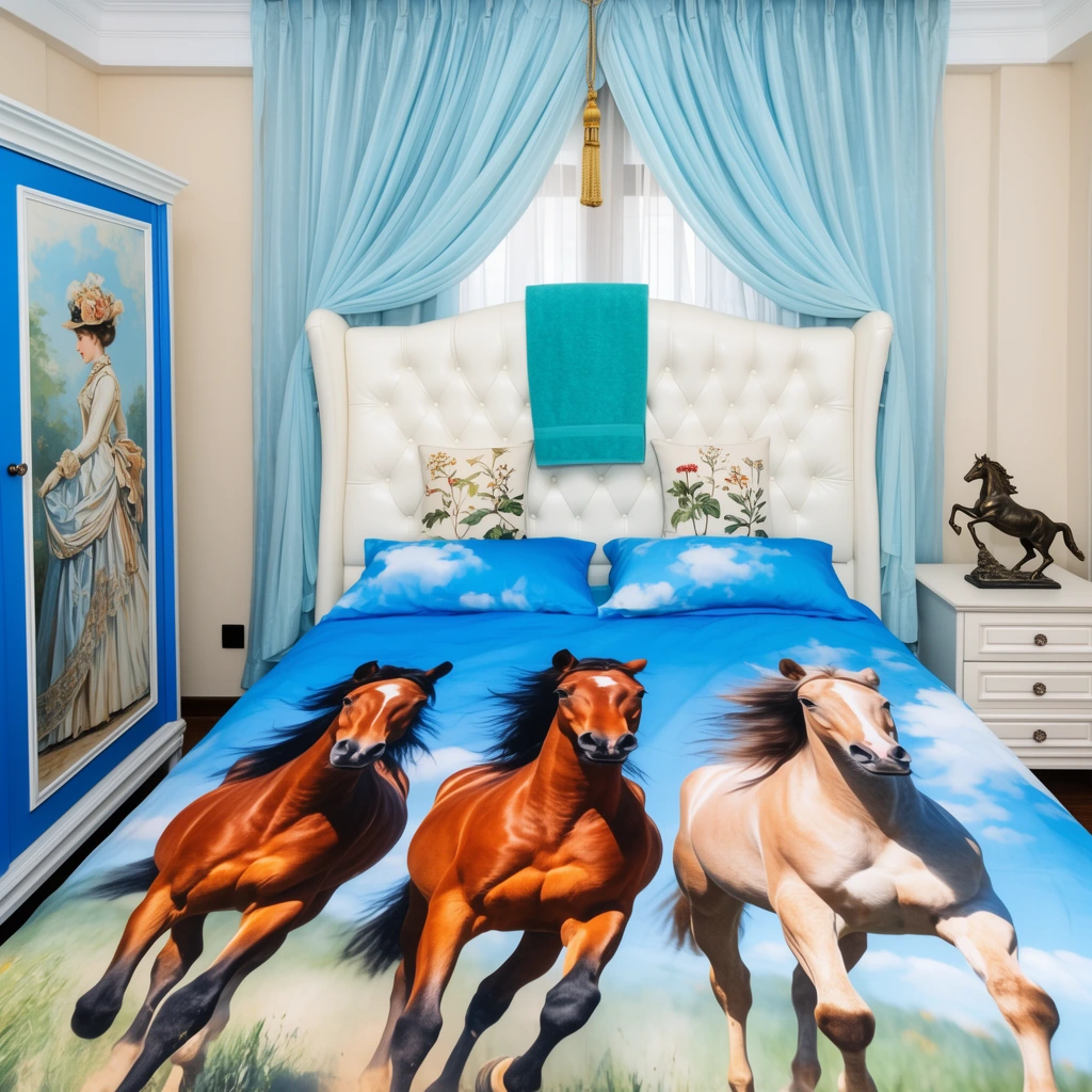 A colorful bedroom centered on a bed outfitted with a photorealistic duvet cover and matching pillows depicting three galloping horses against a bright blue sky. A teal towel hangs over the tall white tufted leather headboard, which supports two small botanical print pillows. Light blue draped curtains with a central gold tassel frame the window. A blue and white wardrobe to the left displays a mural of a Victorian woman, while a rearing horse statue sits atop the right white nightstand.