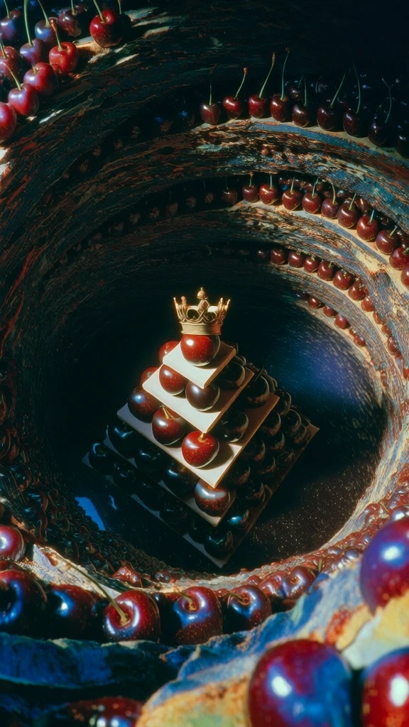 high-angle top-down perspective, moody chiaroscuro lighting, deep indigo and midnight blue shadows, rich saturated crimson tones, grain-heavy 90s film aesthetic, precise architectural pyramid of glossy ripe cherries, miniature ornate gold filigree crown resting on the apex cherry, reflective obsidian floor surface, surrounding spiraling stacks of cherries forming a dark cavernous tunnel, cinematic bloom, high-contrast dreamlike atmosphere, tactile organic textures, sharp focus.