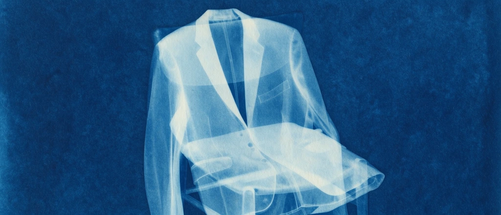 A cyanotype print of a suit jacket draped loosely over a chair, rendered in a ghostly, semi-transparent aesthetic. The luminous, pale cerulean and translucent white form of the tailored jacket rests across the chair's structure, manifesting as spectral, overlapping photograms. The composition is set against a deep, mottled Prussian blue background featuring a grainy, matte surface characteristic of fibrous art paper. The glowing elements exhibit an ethereal, x-ray-like translucency with soft, diffused edges, intersecting through a double-exposure technique within a strict monochromatic blue color palette.