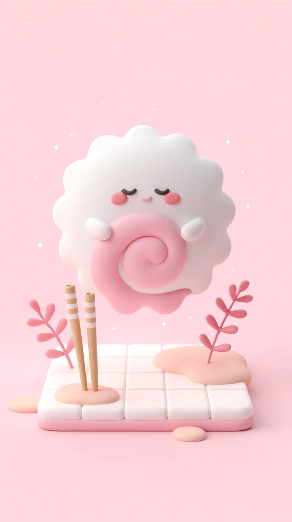 A soft 3D-rendered white scalloped character with a pink belly swirl, rosy cheeks, and closed eyes floats above a white tiled platform. Two vertical striped chopsticks stand on the base amidst pastel peach puddles and pink leafy sprigs. The scene is set against a solid pastel pink background with tiny white sparkles, styled with matte clay textures and a soft kawaii aesthetic.