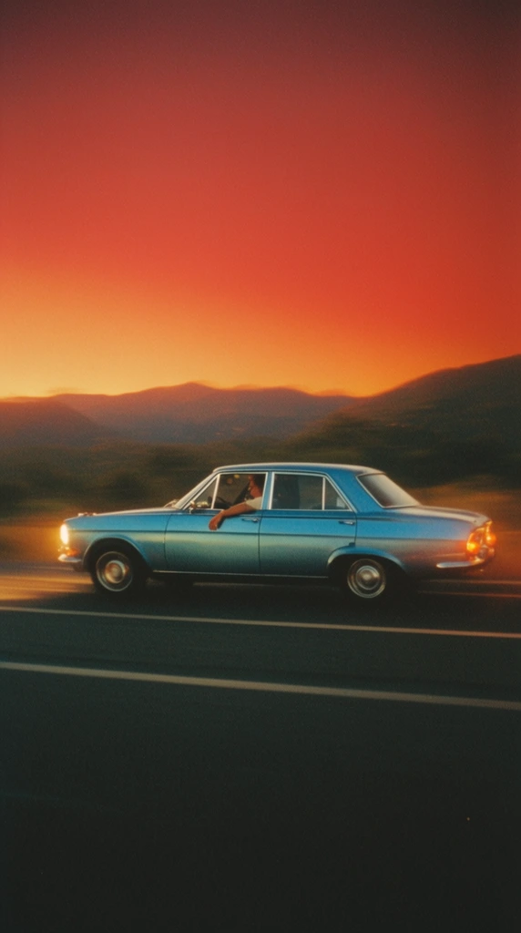 A vintage metallic light blue sedan speeds across a dark highway against a vibrant sunset. Captured in a cinematic side-profile tracking shot, the classic car features glowing headlights and taillights, with a driver's arm resting casually out the window. Silhouetted rolling mountains sit beneath a striking sky gradient transitioning from glowing orange to deep crimson. The image has a retro 35mm film aesthetic with noticeable grain, warm halation, and horizontal motion blur emphasizing speed and nostalgia.