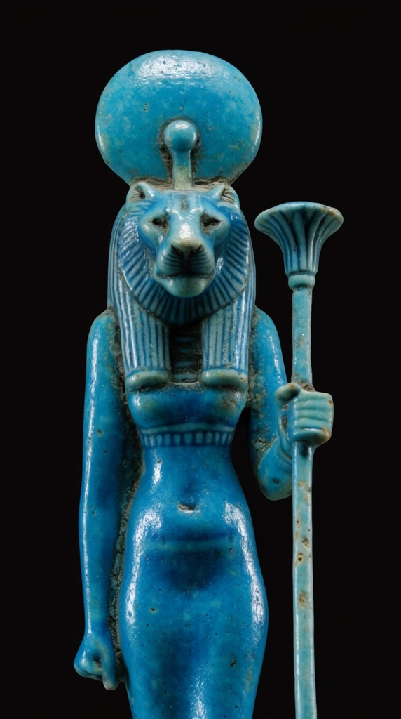 A vibrant turquoise-blue faience figurine of an ancient Egyptian lioness-headed deity isolated on a solid black background. The glossy, aged ceramic statue wears a sun disk headdress, striped wig, and form-fitting dress. Her left arm bends holding a tall papyrus scepter, while her right arm hangs straight by her side. Studio lighting highlights the pitted, reflective surface of the antiquity.