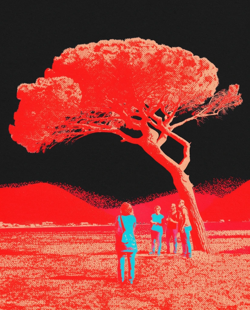 A single large tree with a twisted trunk leaning strongly to the left features a dense, horizontally extending canopy, rendered entirely in a high-contrast, retro halftone print aesthetic. The scene emerges from a stark, pitch-black background, defining the forms using coarse, graphic stippling and borderless color fields. The tree's foliage is a vibrant, saturated cadmium red, heavily textured with pale peach dot-matrix shading. Below the tree, a flat expanse stretches out, depicted with dense clusters of red and peach dots. On this expanse stand four people. One person positioned in the foreground faces away, featuring vivid neon cyan details. Three other people stand closely clustered near the tree trunk on the right. In the distant background, hills take shape as flat blocks of bright red with textured, stippled edges blending into the solid black sky. The composition relies on a strictly limited color palette of pitch black, bright neon red, pale peach, and electric cyan, mimicking a vintage, lo-fi screen-printed illustration with distinct, visible dot patterns and bold graphic shapes.
