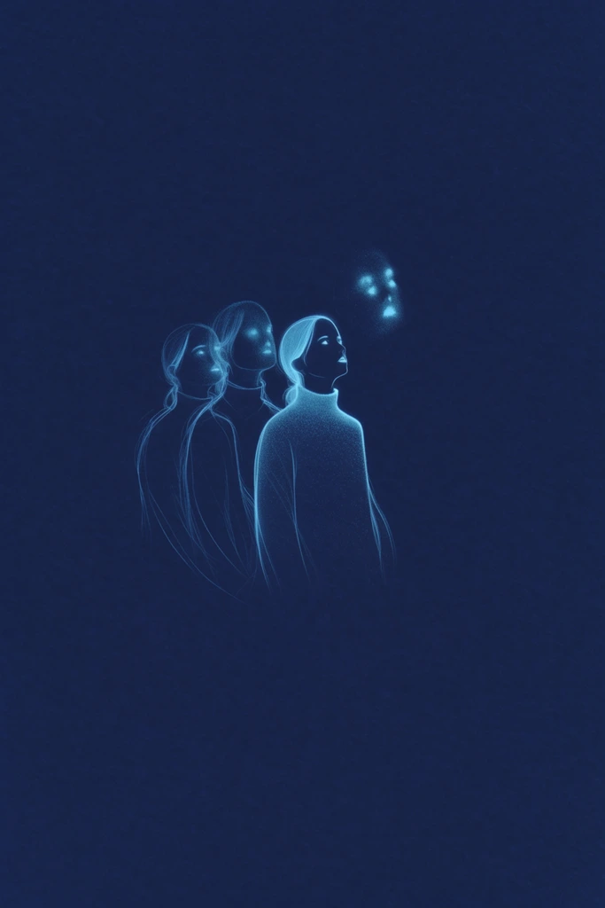 A minimalist, ethereal illustration of a woman in a high-necked top looking up to the right, accompanied by multiple iterations of her form, all rendered in tiny, glowing cyan linework against a vast, dark navy blue void. The primary figure of the woman is positioned near the center of the composition, facing upward and rightward, her high-necked top and profile defined by delicate, luminous light blue strokes and particle-like stippling. Directly behind her to the left, two overlapping copies of her head and torso echo her posture, drafted with the same radiant, wispy cyan lines that intersect fluidly. A third face hovers in the upper right of the central cluster, constructed from bright cyan dots and soft, glowing contours. These highly miniaturized, luminous figures are enveloped by an expansive ocean of negative space. The solid deep navy blue background features a subtle, velvety matte texture with fine, uniform grain. The aesthetic relies on extreme minimalism, stark monochromatic high-contrast lighting, and a mystical, stippled digital drawing technique that gives the ethereal cyan subjects a soft, bioluminescent glow against the dark, textured field.