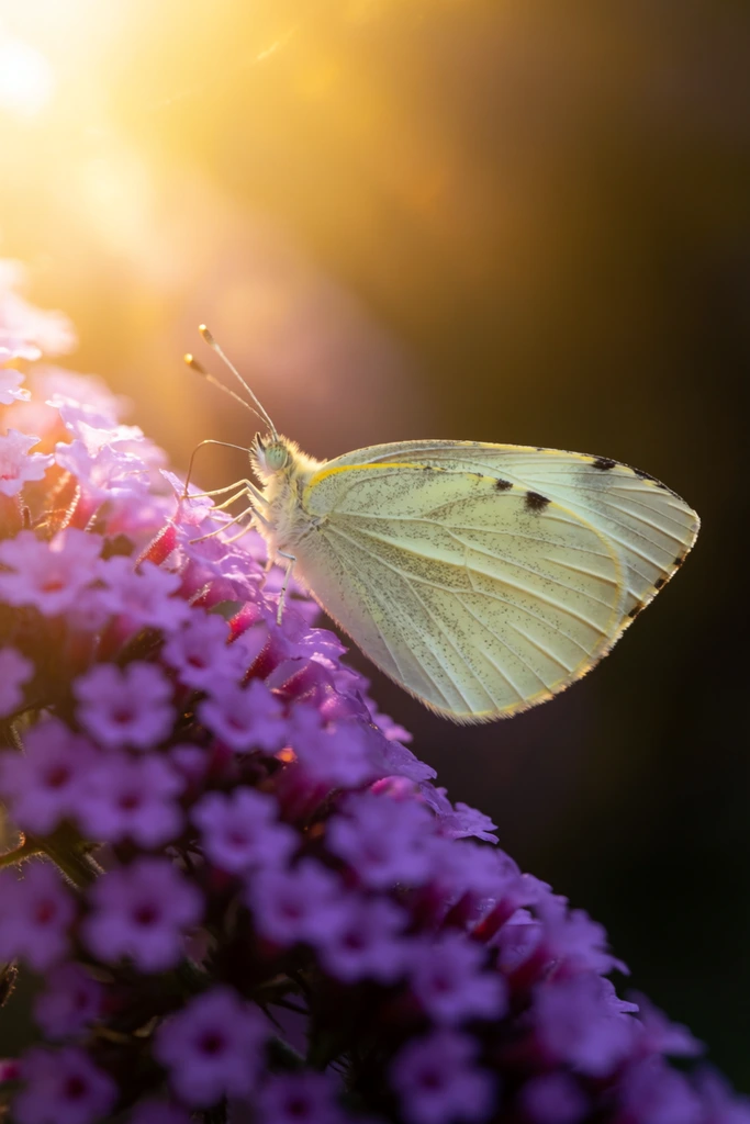 A pale greenish-yellow butterfly with folded wings rests atop a dense cluster of tiny, vivid purple blossoms. The macro photograph captures the insect in profile, highlighting its delicate wing veining, subtle dark speckling, and slender antennae. Intense, warm golden sunlight floods the upper left corner, casting a luminous, hazy glow over the composition. An extremely shallow depth of field melts the dark, shadowed background into a smooth blur, sharply isolating the butterfly's textured wing and the immediate vibrant flowers to emphasize the dramatic contrast between radiant warm light and rich violet hues.